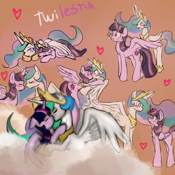 Size: 2000x2000 | Tagged: safe, artist:kmitangol, princess celestia, twilight sparkle, alicorn, butterfly, pony, g4, blushing, eyes closed, female, heart, high res, hug, jewelry, kissing, lesbian, looking at each other, mare, prone, regalia, ship:twilestia, shipping, smiling, spread wings, surprise kiss, twilight sparkle (alicorn), winghug