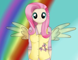 Size: 1024x785 | Tagged: safe, artist:plotuza, fluttershy, human, g4, female, humanized, rainbow, solo, winged humanization