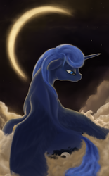 Size: 1000x1618 | Tagged: safe, artist:phiktorial, princess luna, g4, cloud, cloudy, female, floppy ears, missing accessory, moon, night, rear view, solo, spread wings, stars