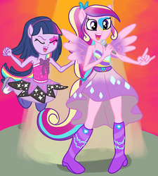 Size: 1280x1422 | Tagged: safe, artist:kuromi, princess cadance, twilight sparkle, alicorn, equestria girls, g4, my little pony equestria girls: rainbow rocks, boots, equestria girls-ified, ponied up, shoes, sisters-in-law, teen princess cadance, twilight sparkle (alicorn), younger