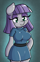 Size: 500x772 | Tagged: safe, artist:quarium, maud pie, anthro, g4, arm hooves, big breasts, bored, breasts, busty maud pie, clothes, dress, eyeshadow, female, makeup, simple background, solo