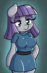 Size: 500x772 | Tagged: safe, artist:quarium, maud pie, earth pony, anthro, g4, arm hooves, big breasts, bored, breasts, busty maud pie, clothes, dress, eyeshadow, female, makeup, simple background, solo