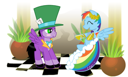 Size: 900x540 | Tagged: safe, artist:ellisarts, artist:ex626akakeon, rainbow dash, oc, oc:skywind, pegasus, pony, g4, blushing, clothes, dress, gala dress, hat