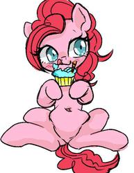 Size: 460x596 | Tagged: dead source, safe, artist:semi-kon, pinkie pie, earth pony, pony, g4, belly button, blushing, cupcake, cute, diapinkes, eating, female, food, simple background, sitting, solo, tongue out, white background