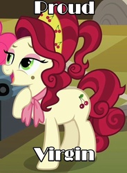 Size: 420x570 | Tagged: safe, edit, edited screencap, screencap, cherry jubilee, pony, g4, blatant lies, female, image macro, mare, meme, solo, stealth pun, text edit, truth, virgin