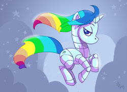 Size: 1024x745 | Tagged: safe, artist:zealousceles, pony, unicorn, blue eyes, crossover, lidded eyes, looking at you, multicolored hair, no mouth, ponified, rainbow hair, robot unicorn attack, solo