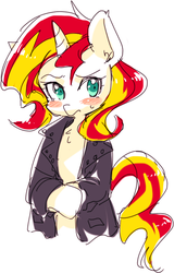 Size: 420x657 | Tagged: safe, artist:re_ghotion, sunset shimmer, pony, g4, blushing, clothes, female, jacket, leather jacket, solo