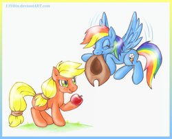 Size: 900x728 | Tagged: safe, artist:13voin, applejack, rainbow dash, g4, apple