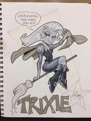 Size: 934x1245 | Tagged: safe, artist:andy price, trixie, equestria girls, g4, broom, clothes, dialogue, female, flying, flying broomstick, lidded eyes, looking at you, skirt, smirk, solo, traditional art, witch