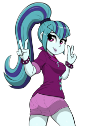 Size: 800x1000 | Tagged: safe, artist:deadsmutanon, artist:livesmutanon, sonata dusk, human, equestria girls, g4, my little pony equestria girls: rainbow rocks, ass, butt, clothes, cute, double peace sign, female, gem, high ponytail, jewelry, long hair, looking at you, looking back, looking back at you, miniskirt, necklace, peace sign, ponytail, siren gem, skirt, smiling, solo, sonata donk, sonatabetes, spiked wristband, thighs, wristband