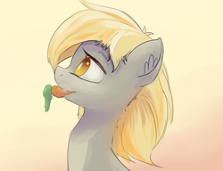 Size: 2500x1920 | Tagged: safe, artist:qweeli, derpy hooves, pony, g4, bust, carrot, ear fluff, eating, female, gradient background, herbivore, horses doing horse things, lidded eyes, mouth hold, nom, portrait, simple background, smiling, solo