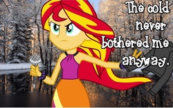 Size: 767x483 | Tagged: safe, artist:alicornoverlord, sunset shimmer, equestria girls, g4, my little pony equestria girls: rainbow rocks, clothes, female, frozen (movie), jacket, let it go, lyrics, music, photoshop, solo, song, the coats are off