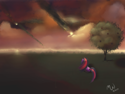 Size: 4000x3000 | Tagged: safe, artist:malwinters, twilight sparkle, alicorn, pony, g4, apple tree, dark, female, field, mare, meteor, scenery, solo, tree, twilight sparkle (alicorn)