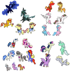 Size: 1200x1200 | Tagged: safe, artist:kushina13, aloe, babs seed, big macintosh, blossomforth, bon bon, braeburn, derpy hooves, diamond tiara, dj pon-3, flam, flim, lotus blossom, lyra heartstrings, nightmare moon, nurse redheart, octavia melody, princess cadance, queen chrysalis, shining armor, silver spoon, spitfire, sunset shimmer, sweetie drops, twilight sparkle, vinyl scratch, alicorn, pony, g4, female, flim flam brothers, mare, naname pony, pixiv, twilight sparkle (alicorn)