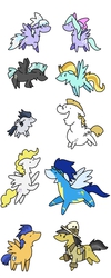 Size: 400x1000 | Tagged: safe, artist:kushina13, bulk biceps, cloudchaser, daring do, flash sentry, flitter, lightning dust, rumble, soarin', surprise, thunderlane, pegasus, pony, g4, naname pony, pixiv