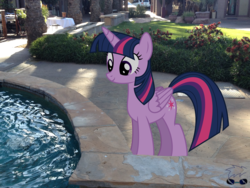 Size: 3264x2448 | Tagged: safe, artist:skie-vinyl, twilight sparkle, alicorn, pony, g4, building, car, chair, female, high res, irl, mare, photo, ponies in real life, shadow, solo, table, twilight sparkle (alicorn), vector, water fountain