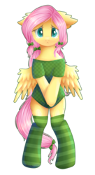 Size: 1571x2889 | Tagged: safe, artist:0okami-0ni, fluttershy, pony, semi-anthro, g4, :<, bipedal, clothes, covering, female, floppy ears, shirt, shirt pull, simple background, socks, solo, striped socks, transparent background