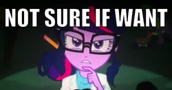 Size: 500x262 | Tagged: safe, sci-twi, twilight sparkle, equestria girls, g4, my little pony equestria girls: rainbow rocks, clothes, female, glasses, image macro, lab coat, meme, not sure if want, reaction image, solo