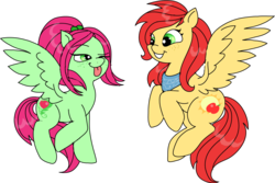 Size: 1352x904 | Tagged: safe, artist:purfectprincessgirl, oc, oc only, oc:spring melody, oc:suncrisp, interdimensional siblings, offspring, parent:big macintosh, parent:fluttershy, parents:fluttermac, simple background, tongue out, transparent background