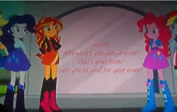 Size: 520x329 | Tagged: safe, pinkie pie, rainbow dash, sunset shimmer, equestria girls, g4, my little pony equestria girls: rainbow rocks, grammar error, happy gilmore, text