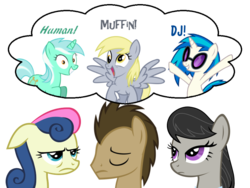 Size: 800x600 | Tagged: safe, artist:greendwarf333, bon bon, derpy hooves, dj pon-3, doctor whooves, lyra heartstrings, octavia melody, sweetie drops, time turner, vinyl scratch, earth pony, pegasus, pony, unicorn, g4, background six, bon bon is not amused, caption, doctor whooves is not amused, eyes closed, female, floppy ears, male, mare, obsession, octavia is not amused, one word, simple background, stallion, thought bubble, transparent background, unamused
