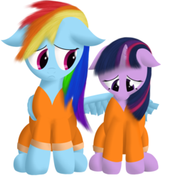 Size: 2466x2532 | Tagged: safe, artist:waveywaves, rainbow dash, twilight sparkle, pegasus, pony, unicorn, g4, clipped wings, clothes, comforting, duo, female, floppy ears, frown, high res, hug, lesbian, mare, prison, prison outfit, prisoner ts, sad, ship:twidash, shipping, simple background, sitting, transparent background, unicorn twilight, winghug