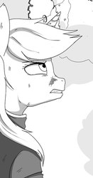 Size: 491x936 | Tagged: safe, artist:kira-minami, oc, oc only, oc:littlepip, pony, unicorn, fallout equestria, black and white, clothes, fanfic, fanfic art, female, grayscale, jumpsuit, magic, mare, monochrome, sawblade, solo, vault suit