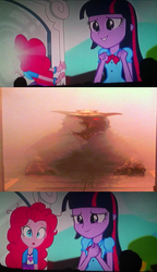 Size: 571x991 | Tagged: safe, edit, screencap, pinkie pie, twilight sparkle, equestria girls, g4, my little pony equestria girls: rainbow rocks, ghostbusters, meme, pinkie sticks her face into the portal meme, terror dog, zuul