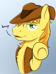 Size: 789x1034 | Tagged: safe, artist:lardon-draconis, braeburn, g4, bedroom eyes, boop, chest fluff, fluffy, looking at you, male, perspective, smiling, smirk, solo, underhoof