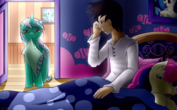 Size: 3200x2000 | Tagged: safe, artist:vavacung, bon bon, lyra heartstrings, sweetie drops, oc, oc:anon, oc:generic messy hair anime anon, earth pony, human, unicorn, g4, bed, crying, high res, human in equestria, pillow, sleeping