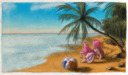 Size: 800x467 | Tagged: safe, artist:hewison, pinkie pie, g4, beach, beach ball, eyes on the prize, female, ocean, pounce, scenery, solo, tree, tropical