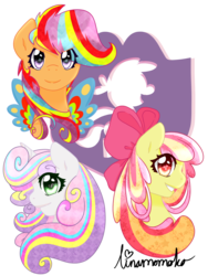 Size: 1024x1365 | Tagged: safe, artist:linamomoko, apple bloom, scootaloo, sweetie belle, g4, cutie mark crusaders, rainbow power, simple background, transparent background