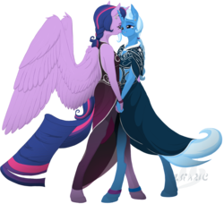 Size: 1719x1565 | Tagged: safe, artist:drake, trixie, twilight sparkle, alicorn, unicorn, anthro, unguligrade anthro, g4, 2014, alternate hairstyle, braid, braided ponytail, clothes, dancing, dress, ear piercing, earring, female, horn, jewelry, lesbian, piercing, ponytail, ship:twixie, shipping, twilight sparkle (alicorn)