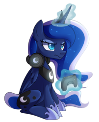 Size: 1470x1820 | Tagged: safe, artist:drawntildawn, princess luna, gamer luna, g4, controller, female, magic, simple background, solo, transparent background