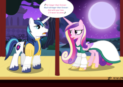 Size: 12144x8604 | Tagged: safe, artist:koolfrood, princess cadance, shining armor, alicorn, pony, unicorn, g4, absurd resolution, clothes, dress, duet, duo, far longer than forever, female, male, mare, ship:shiningcadance, shipping, singing, speech bubble, stage, stallion, straight, the swan princess