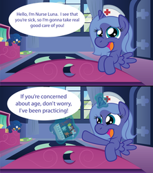 Size: 1920x2160 | Tagged: safe, artist:t-3000, princess luna, gamer luna, g4, comic, cute, dr. mario, female, filly, nurse, pov, solo, woona