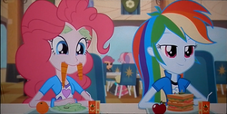 Size: 1850x930 | Tagged: safe, screencap, pinkie pie, rainbow dash, equestria girls, g4, my little pony equestria girls: rainbow rocks, apple, carrot, eating, foodplay, juice box, orange, sandwich