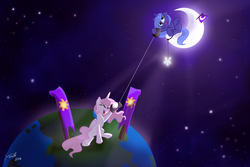 Size: 2060x1372 | Tagged: safe, artist:lunarcakez, princess celestia, princess luna, g4, banner, cewestia, cute, filly, flag, moon, phone, planet, stars, tangible heavenly object, tin can, woona