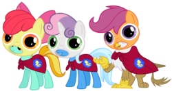 Size: 6000x3200 | Tagged: safe, artist:magister39, apple bloom, gilda, lightning dust, scootaloo, sweetie belle, trixie, griffon, pony, unicorn, g4, clothes, costume, cutie mark crusaders, female, mare, pony costume, simple background, the powerpuff girls, transparent background