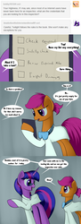 Size: 3600x9900 | Tagged: safe, artist:grennadder, scootaloo, twilight sparkle, alicorn, pony, g4, alternate hairstyle, ask, checklist, clothes, comic, female, glasses, goggles, lab coat, long legs, mare, older, scientist, scientist scoots, tumblr, twilight sparkle (alicorn)
