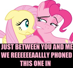 Size: 1024x960 | Tagged: safe, fluttershy, pinkie pie, equestria girls, g4, my little pony equestria girls: rainbow rocks, image macro, meme, op is a duck, pink text