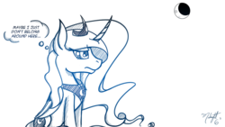 Size: 1250x703 | Tagged: safe, artist:midnightsix3, princess luna, lunadoodle, g4, curved horn, female, horn, monochrome, moon, solo