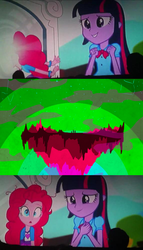 Size: 572x999 | Tagged: safe, pinkie pie, twilight sparkle, equestria girls, g4, my little pony equestria girls: rainbow rocks, album cover, an atompunk opera, elysium, exploitable meme, meme, pinkie sticks her face into the portal meme, the new albion guide to analogue consciousness, the new albion trilogy