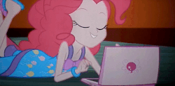 Size: 800x396 | Tagged: safe, screencap, pinkie pie, equestria girls, g4, rainbow rocks, animated, bad quality, balloon, bracelet, clothes, computer, cute, diapinkes, eyes closed, female, happy, jewelry, laptop computer, low quality, pajamas, pinkie pie laptop, prone, slippers, smiling, solo, talking, typing