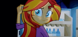 Size: 800x384 | Tagged: safe, screencap, boulder (g4), maud pie, sunset shimmer, equestria girls, g4, my little pony equestria girls: rainbow rocks, :t, animated, duo, female, looking back, open mouth, screaming, smiling, sunset screamer, surprised, wide eyes