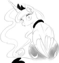 Size: 1011x1071 | Tagged: source needed, safe, artist:zev, princess luna, lunadoodle, g4, back, butt, female, grayscale, looking at you, looking back, monochrome, plot, sitting, solo