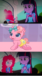 Size: 572x1024 | Tagged: safe, pinkie pie, pinkie pie (g3), twilight sparkle, equestria girls, g3, g4, my little pony equestria girls: rainbow rocks, newborn cuties, so many different ways to play, meme, pinkie sticks her face into the portal meme