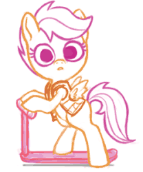 Size: 250x301 | Tagged: safe, artist:mcponyponypony, scootaloo, g4, animated, back to the future, dragon ball, female, looking at you, marty mcfly, scootachicken, scooter, solo, staring into your soul, super saiyan