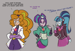 Size: 900x620 | Tagged: safe, artist:egophiliac, adagio dazzle, aria blaze, sonata dusk, robot, steamquestria, equestria girls, g4, artificial intelligence, dialogue, gray background, simple background, sonatabot, steampunk, the dazzlings, trio, tumblr