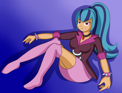 Size: 1280x977 | Tagged: safe, artist:fairiegirl101, sonata dusk, equestria girls, g4, my little pony equestria girls: rainbow rocks, clothes, female, humanized, missing shoes, socknata, socks, solo, spiked wristband, thigh highs